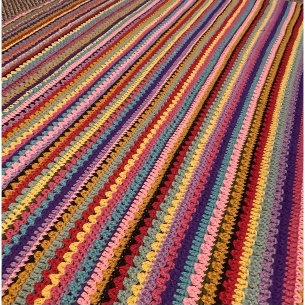 Handmade Rainbow Striped Afghan Crochet Blanket Throw Boho Grannycore 64